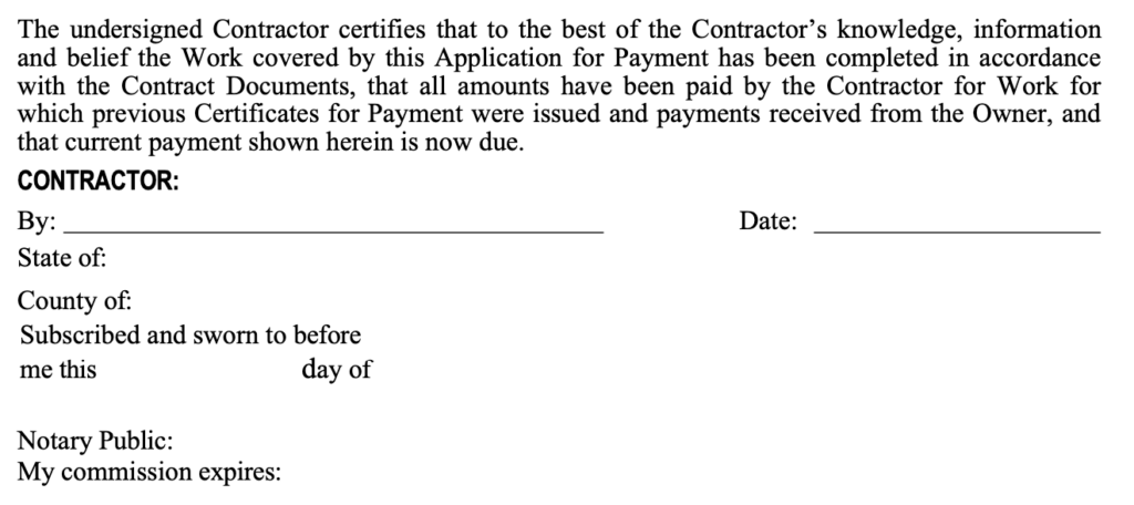 Cropped image of the AIA G702 document showing the contractor certification section