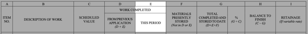 Image of the table fields in the AIA G703 with column E highlighted