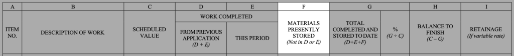 Image of the table fields in the AIA G703 with column F highlighted