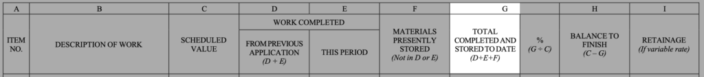 Image of the table fields in the AIA G703 with column G highlighted