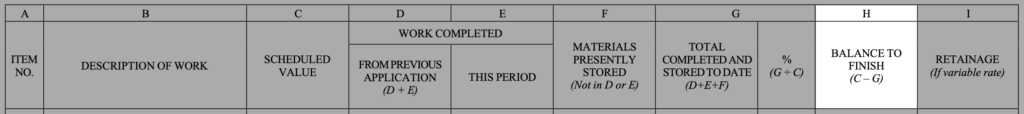 Image of the table fields in the AIA G703 with column H highlighted