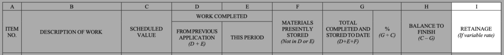 Image of the table fields in the AIA G703 with column I highlighted