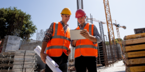 Photo of two construction workers looking a daily report