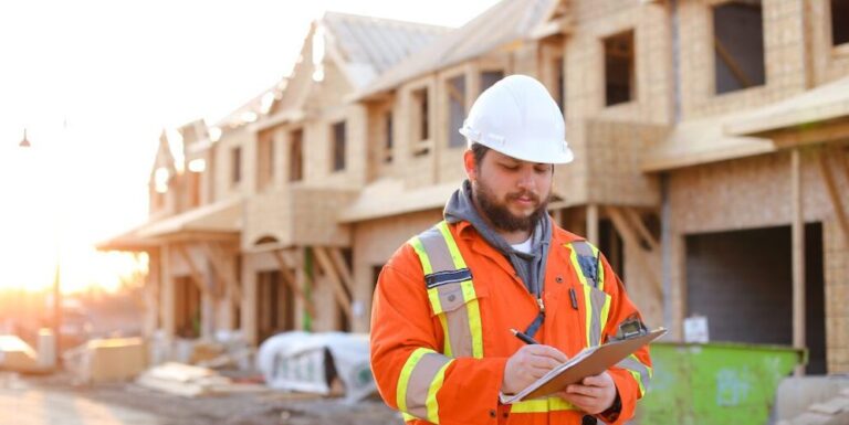 Contractor in front of a wood frame structure