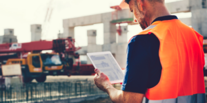 Photo of construction worker looking at financial numbers on a tablet