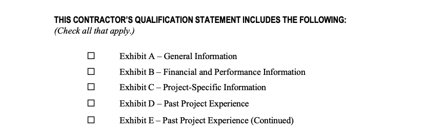 Image of the exhibit attachments listed on the AIA A305 Contractor's Qualifications Statement