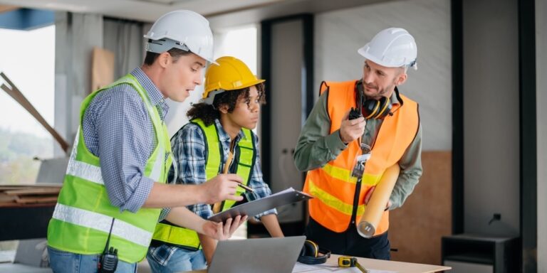 Three builders discuss project data on a computer and a tablet.