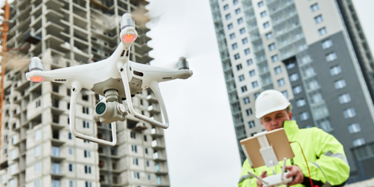 Construction innovation worker operating drone on a jobsite