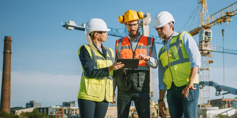 A construction project team illustrated by 3 different types of workers on a jobsite gathered around a tablet