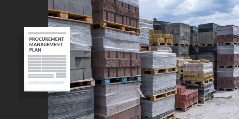 Procurement management plan document overlaid on a photo of pallets of construction materials