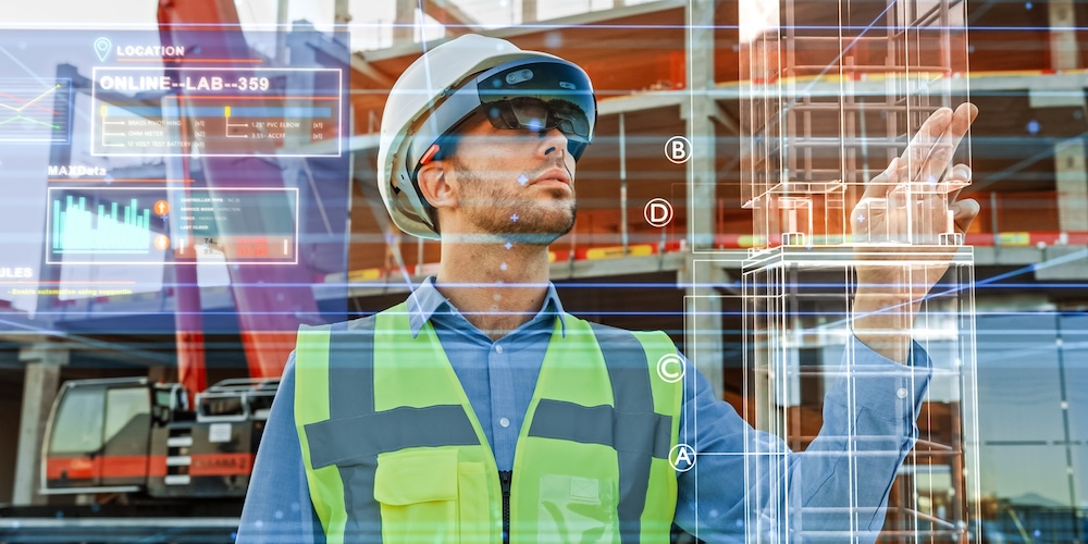 Construction worker on site with data visualized as illustrations in the air