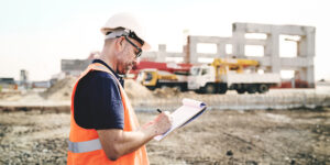 Construction worker checking a safety checklist