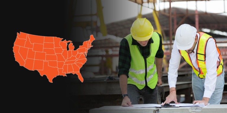 Photo of construction workers looking at site plans with an overlay of the United States on the left.