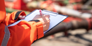 Worker crossing off item on an inspection checklist