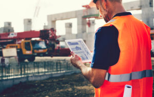 Construction worker looking at data on a tablet