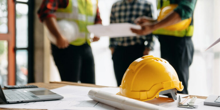 Hard hat and construction documents on a desk with 3 workers looking at a document in the background