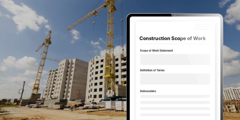 Photo of buildings under construction with a tablet showing a construction scope of work document in the foreground