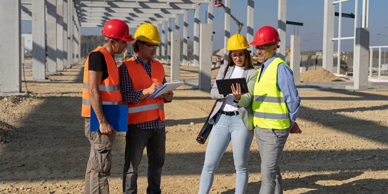 Group of construction pros reviewing tablets under a steel frame on a jobsite