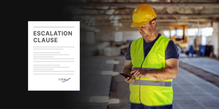 Photo of a construction worker checking a tablet with an illustration of an escalation clause document