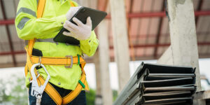 Professional in PPE conducting a construction safety walk