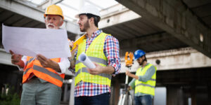 Two people looking at construction drawings in the foreground while two others look at a different document in the background