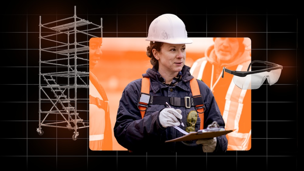 Construction professional wearing safety equipment and carrying a clipboard