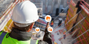 A construction manager holding a tablet that displays a 3D model of a building. Simple icons around the tablet represent time, cost, and sustainability. In the background, there's a busy construction site. This image showcases the use of BIM technology in construction.