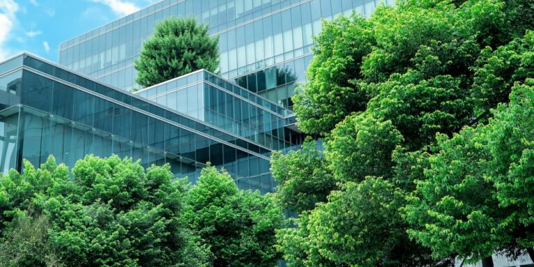 Eco friendly office building with trees.