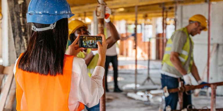 Construction marketing professional recording on the jobsite.