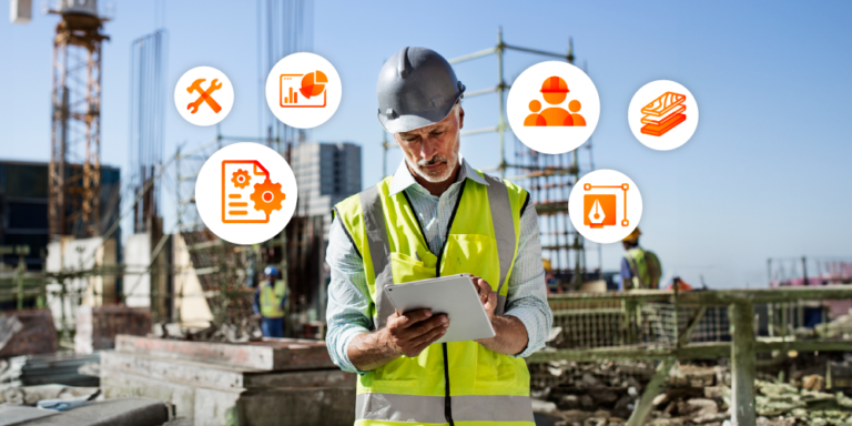 Evaluation of software choices represented by a construction worker on a jobsite surrounded by software icon illustrations