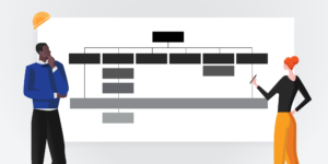 Illustration of a construction company organizational chart and 2 people viewing the chart