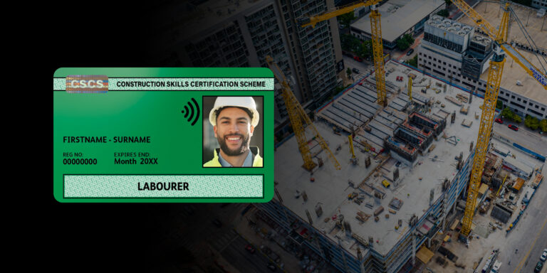 A Construction Skills Certification Card for a Labourer. In the background sits a birds eye view of a busy construction site.