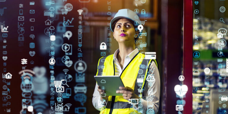 Cybersecurity in construction illustrated by construction pro using tablet surrounded by visualizations of tech symbols and numbers