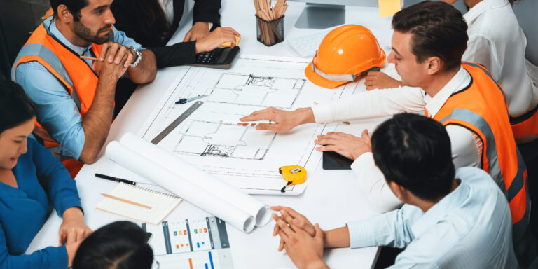 Several "last planners" around a table with construction drawings