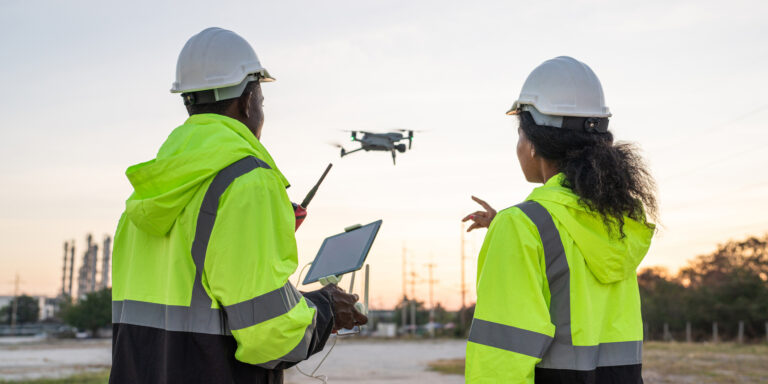 A reality capture construction drone is overseen by two engineers on a jobsite