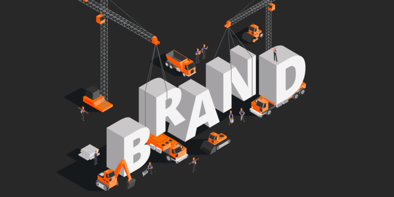 Construction branding illustrated by construction equipment building the word "Brand"