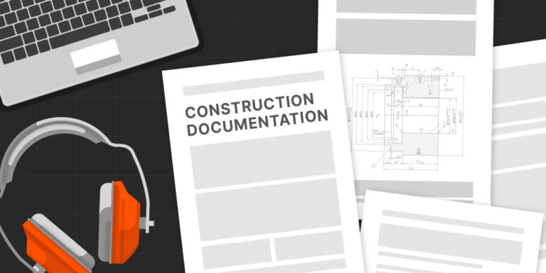 Construction documentation illustration with documents, a keyboard, and headphones