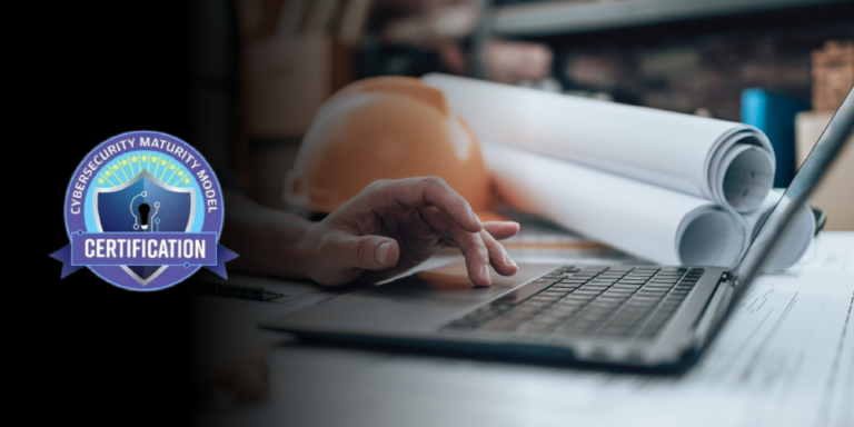 Cybersecurity Maturity Model Certification (CMMC) logo over a photo of a construction professional using a laptop.