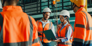 Workers on a jobsite reviewing safety protocol on a laptop