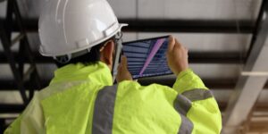 Construction worker looking at a BIM model on a tablet