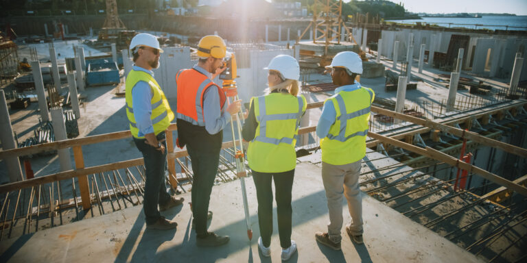 Construction professionals gathered around a surveying tool