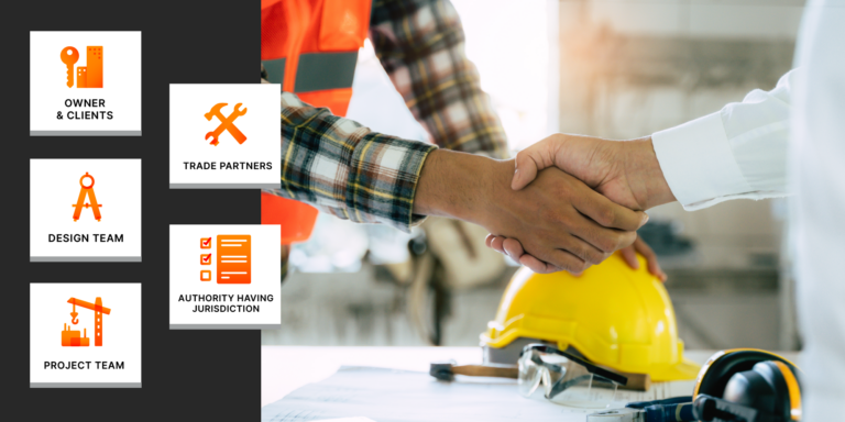 Illustrated icons representing common construction project stakeholders (owners and clients, design team, project team, trade partners and AHJs) nect to a photo of 2 people shaking hands in front of a hard hat