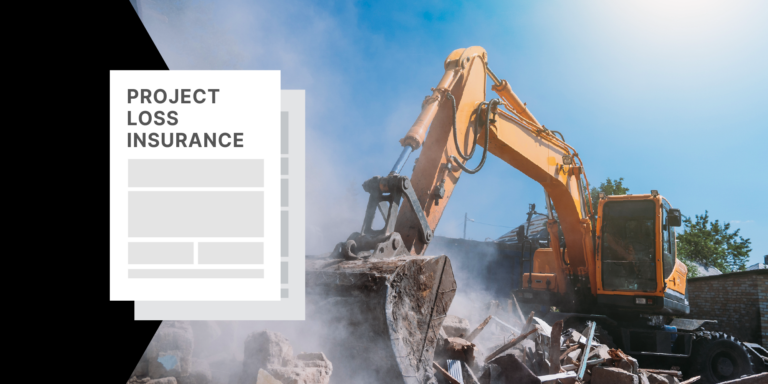 Illustration of project loss insurance documents over a photo of a construction digger