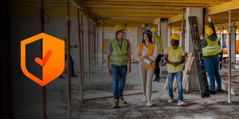 Subcontractor insurance illustrated by an insurance shield and checkmark over a photo of subcontractors on a construction site