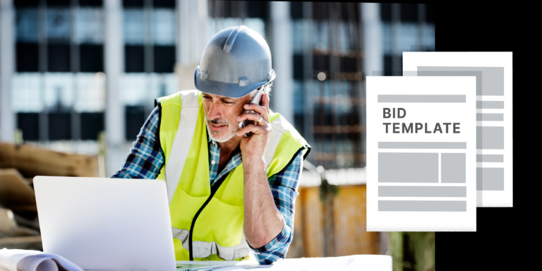 Photo of a contractor on the phone with an illustration of a construction bid template document