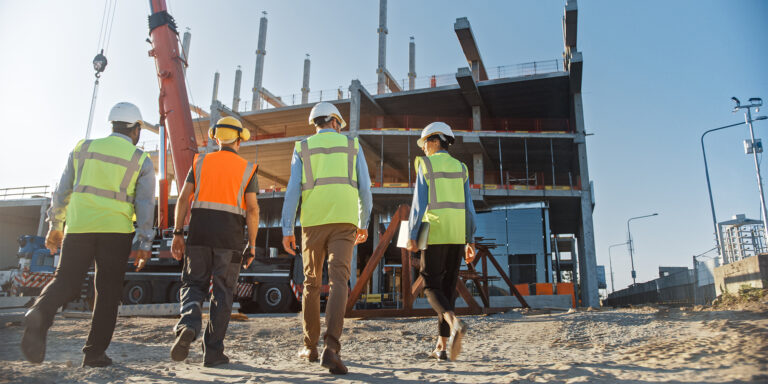 Photo from behind of a construction team on a jobsite