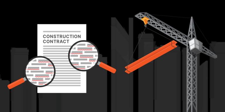 Construction contract review illustration of a contract with redlines being examined by magnifying glasses