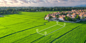 Photo of a future greenfield development site with the site plotted out of a field using dotted lines.