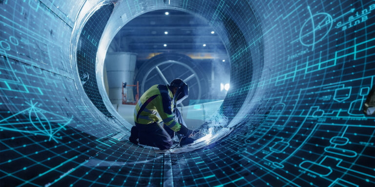 Construction worker in a tunnel with illustrations of technological matrixes