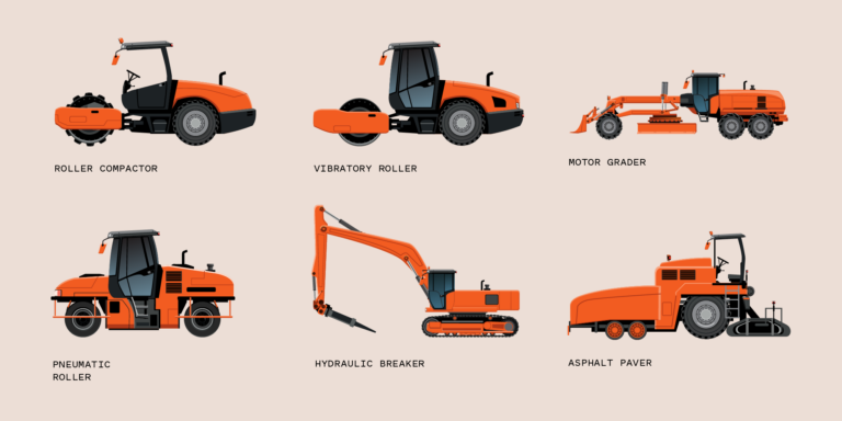 Illustrations of 6 different pieces of road construction equipment including a roller compactor, a vibratory roller, a motor grader, a pneumatic roller, a hydraulic breaker and an asphalt paver.